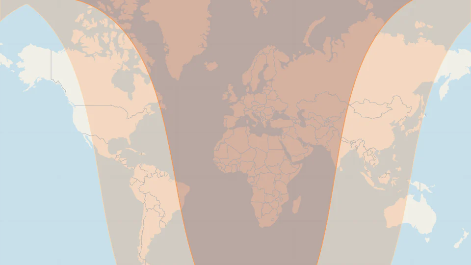 Visibility map of the penumbral lunar eclipse on 20–21 February 2027