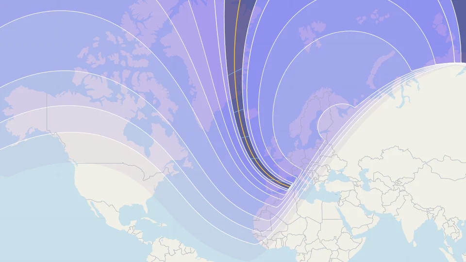 Visibility map of the total solar eclipse on 12 August 2026
