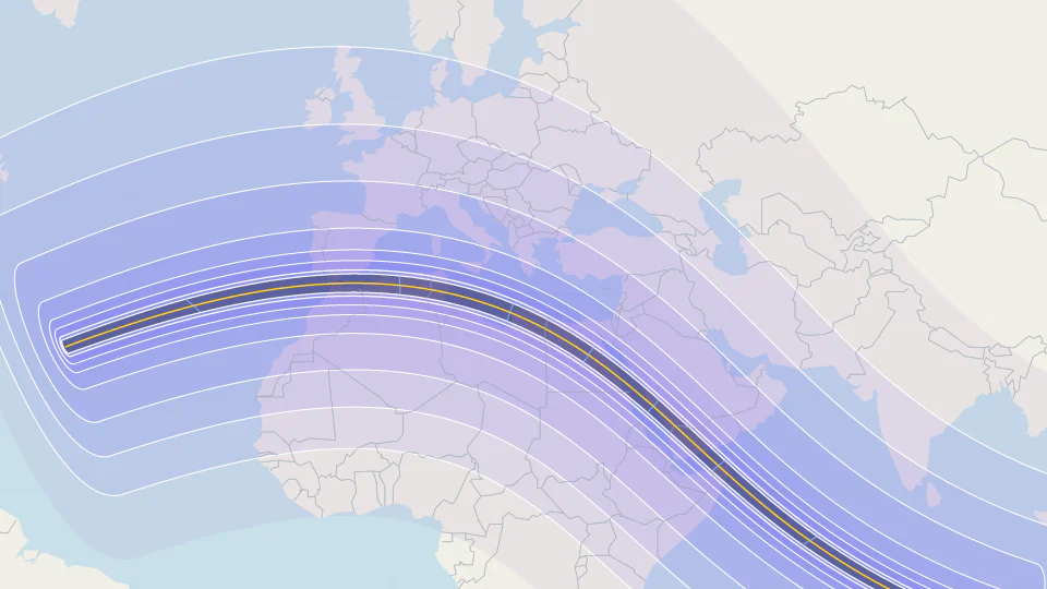 Visibility map of the total solar eclipse on 2 August 2027