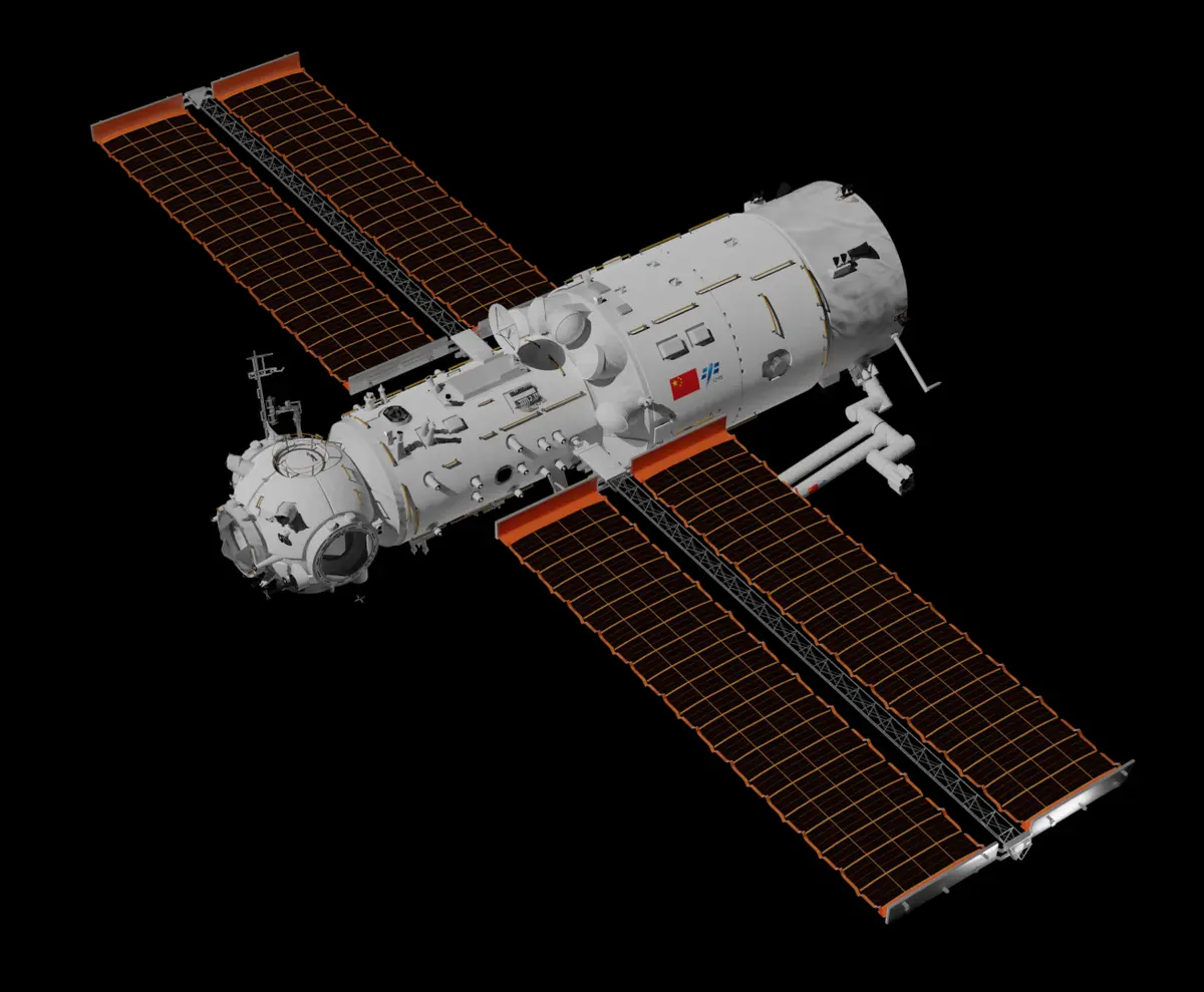 Rendering of the Tianhe module with deployed solar arrays and its robotic arm.